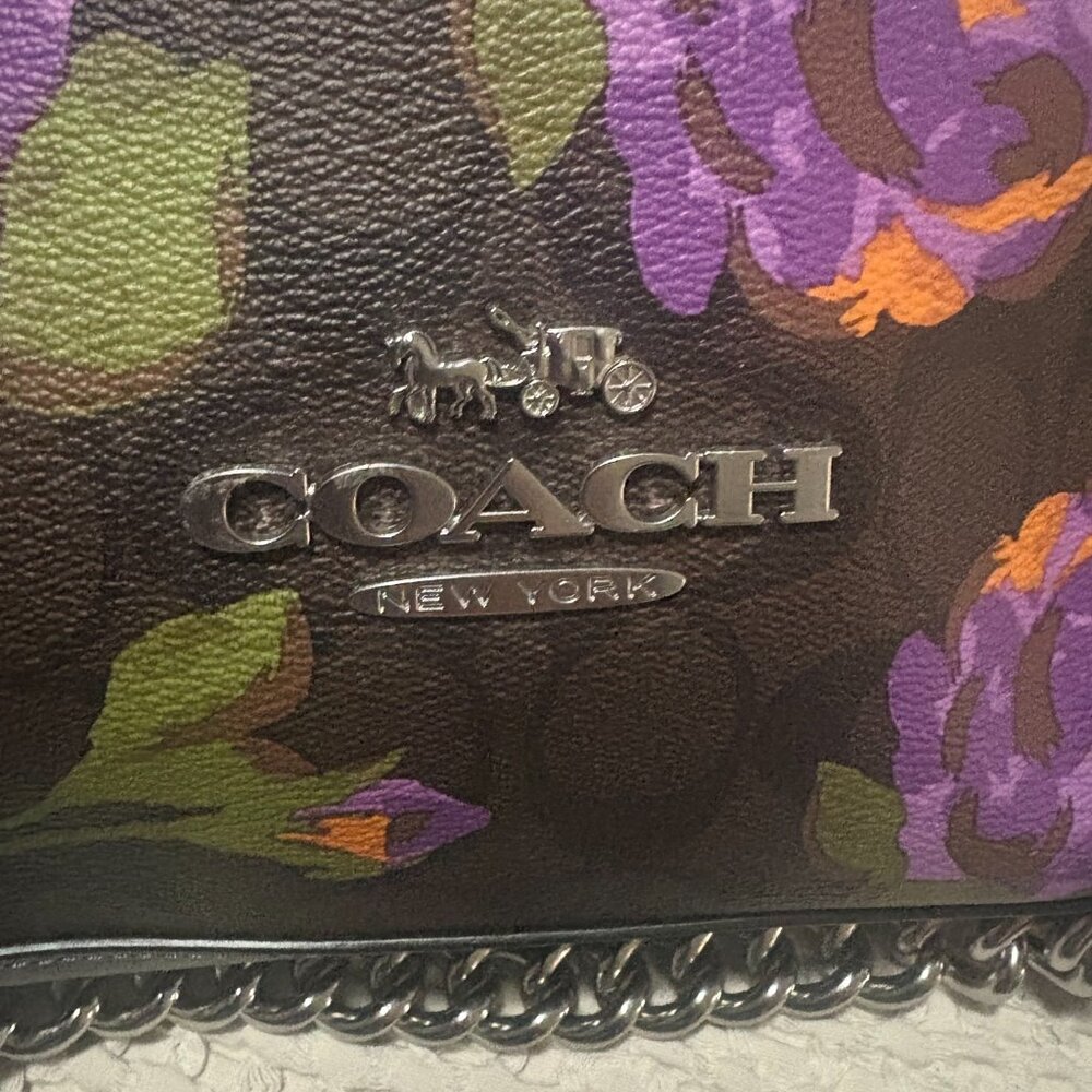 Coach Brown Leather Shoulder Bag with Purple and Orange Floral Print - Picture 3 of 10